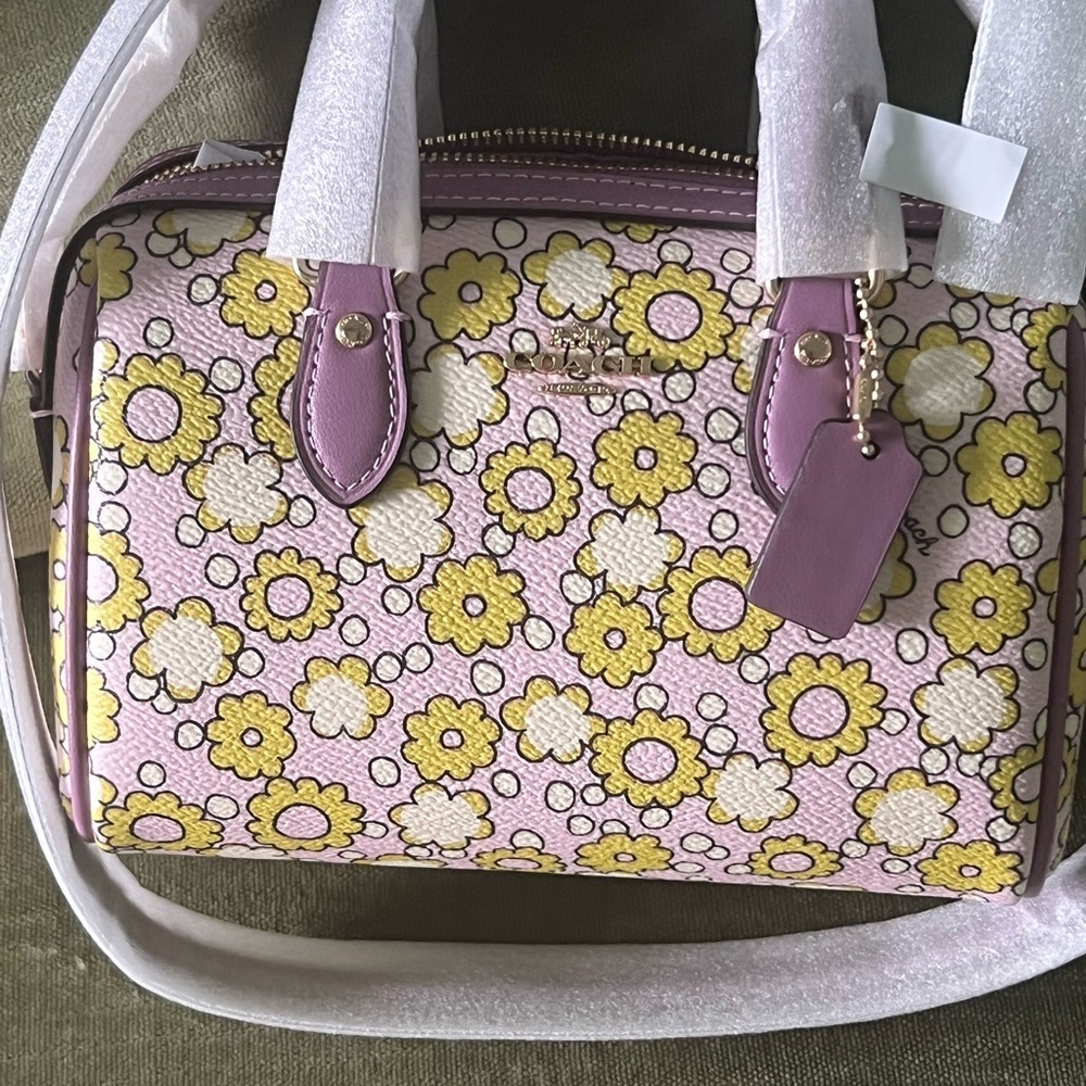 Coach Purple and Yellow Mini Crossbody Bag with Floral Design